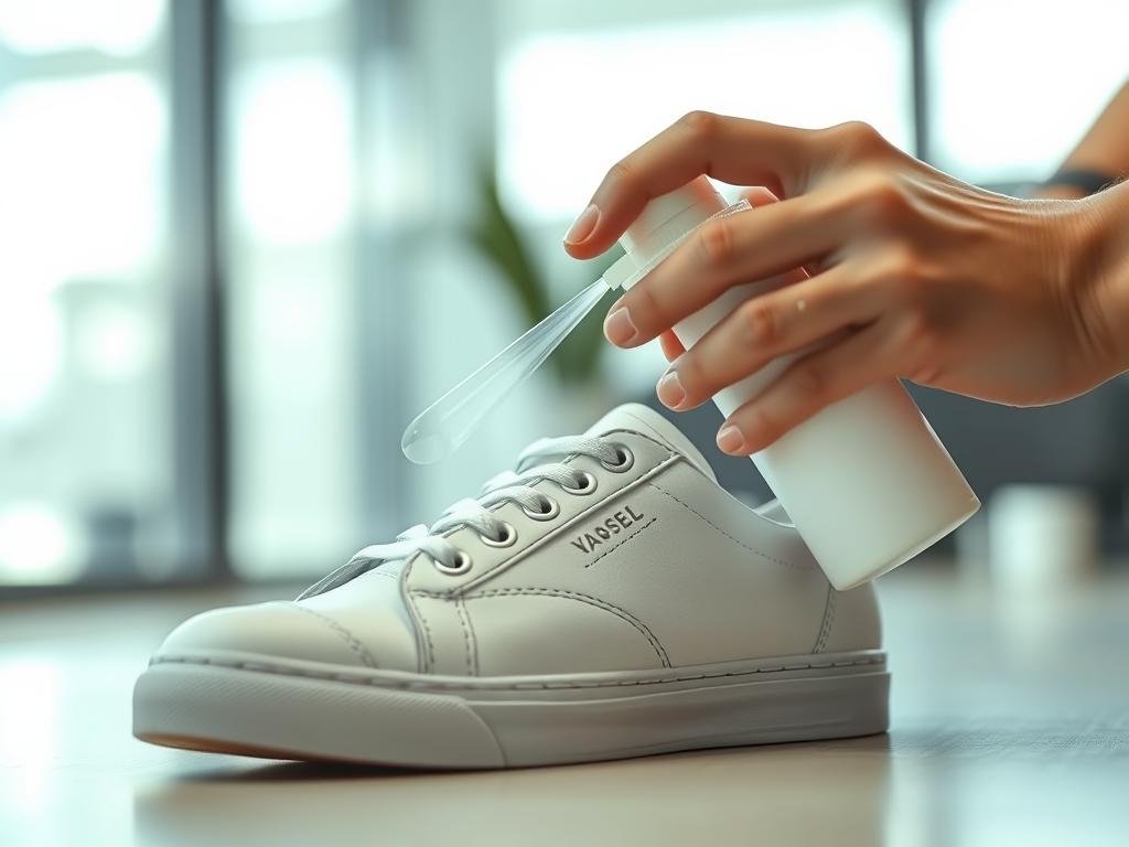 Man applying protective spray to white sneakers