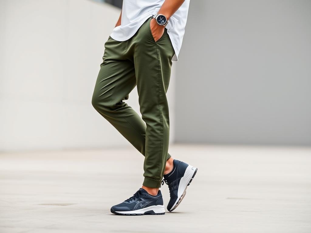 Man wearing ASICS GT-2000 sneakers with olive joggers and a white t-shirt