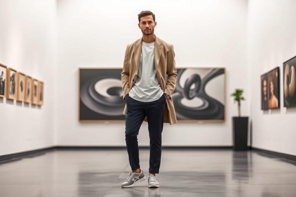 Man wearing ASICS GT-2160 sneakers with dark trousers and an oversized blazer