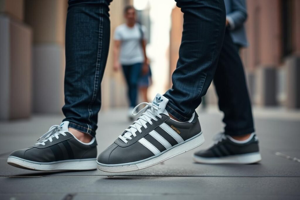 Man wearing adidas Originals shoes with casual jeans and t-shirt outfit