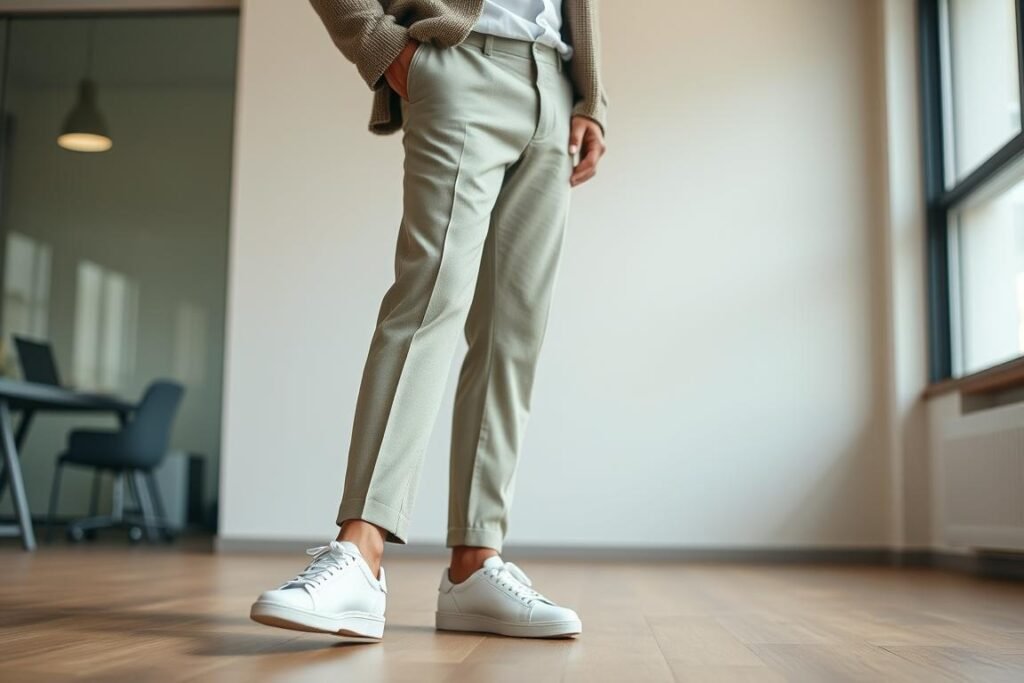 Man wearing white minimalist sneakers with business casual outfit