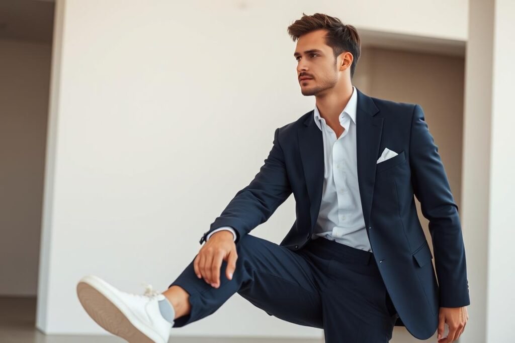 Man wearing white minimalist sneakers with tailored suit