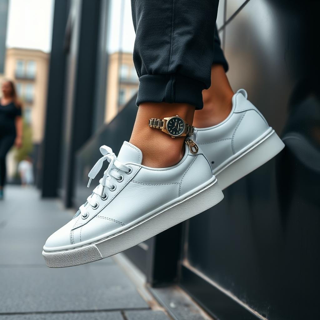 Man wearing white shoes with accessories