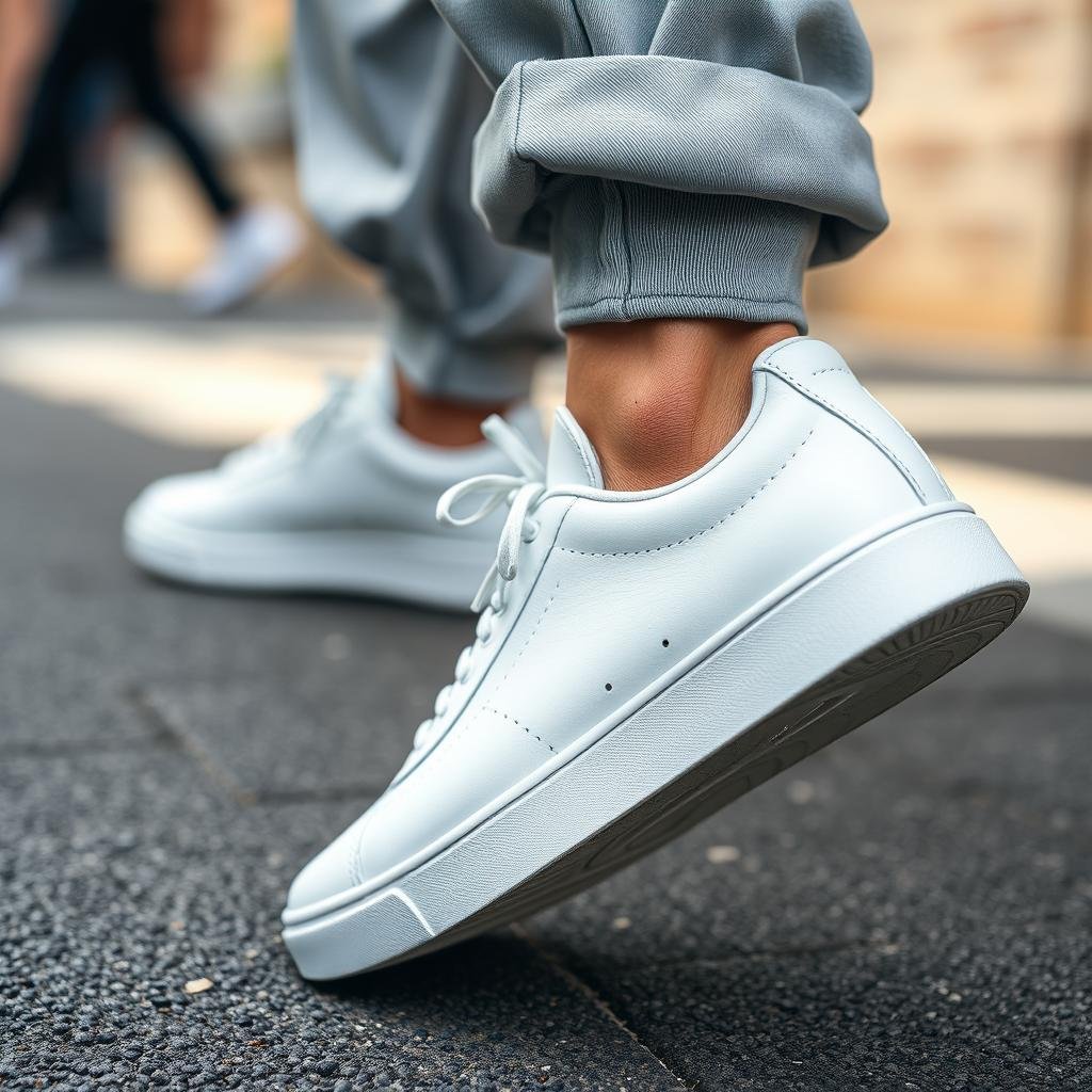 Man wearing white shoes with cuffed pants