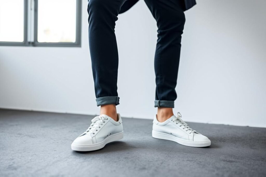 Man wearing white shoes with jeans and blazer