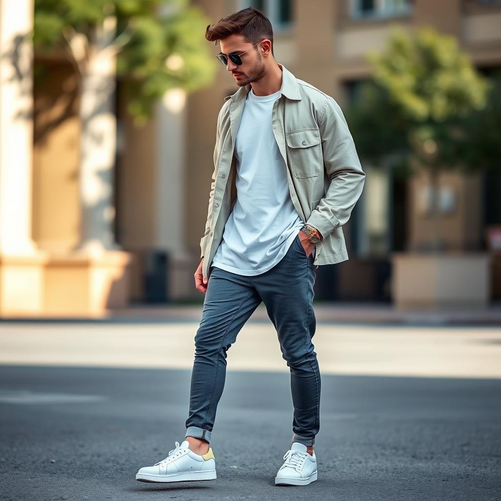 Man wearing white shoes with layered outfit