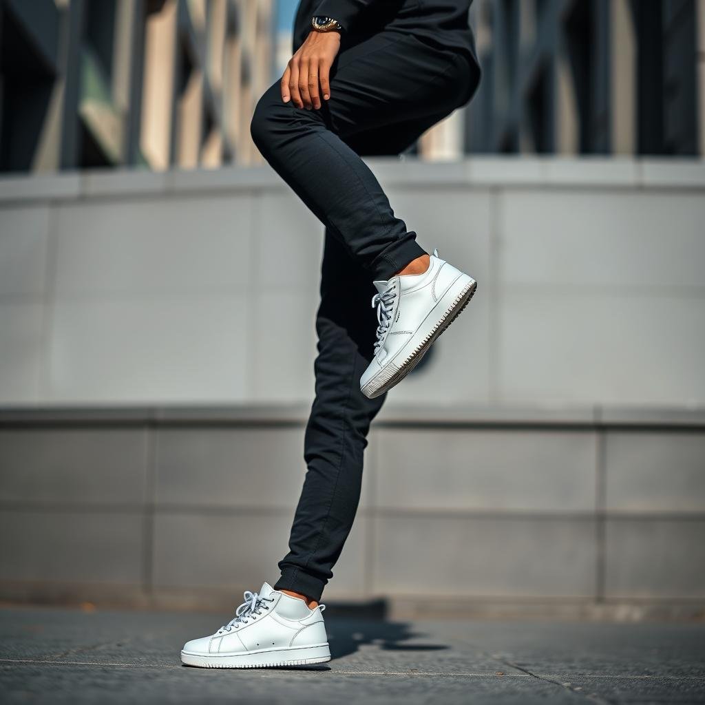 Man wearing white shoes with monochromatic outfit