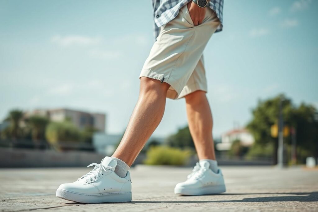 Man wearing white shoes with shorts and casual shirt