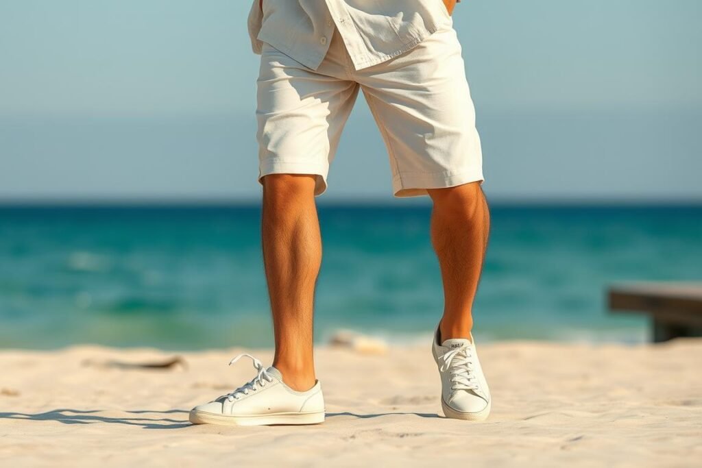 Man wearing white shoes with summer outfit