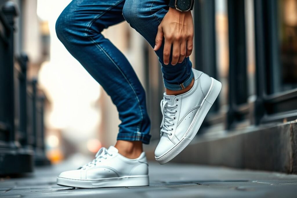 Man wearing white sneakers with blue jeans and casual shirt