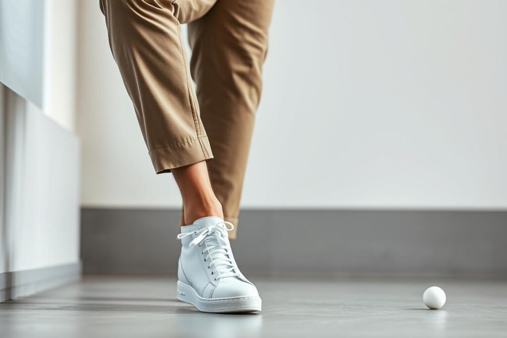 Man wearing white sneakers with chinos and button-down shirt