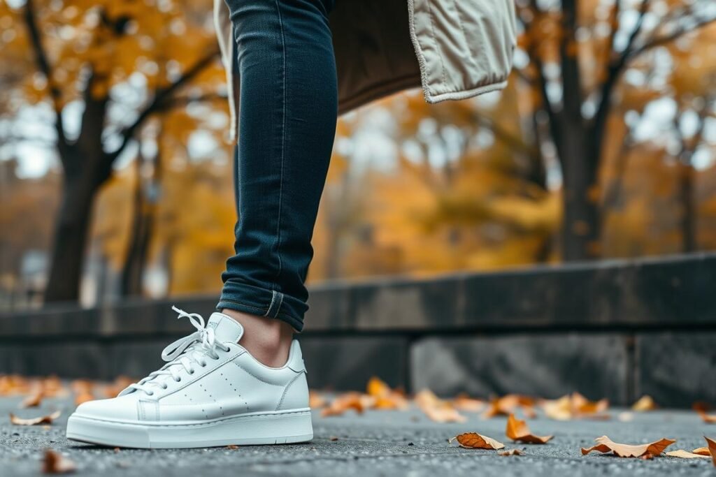 Man wearing white sneakers with fall outfit