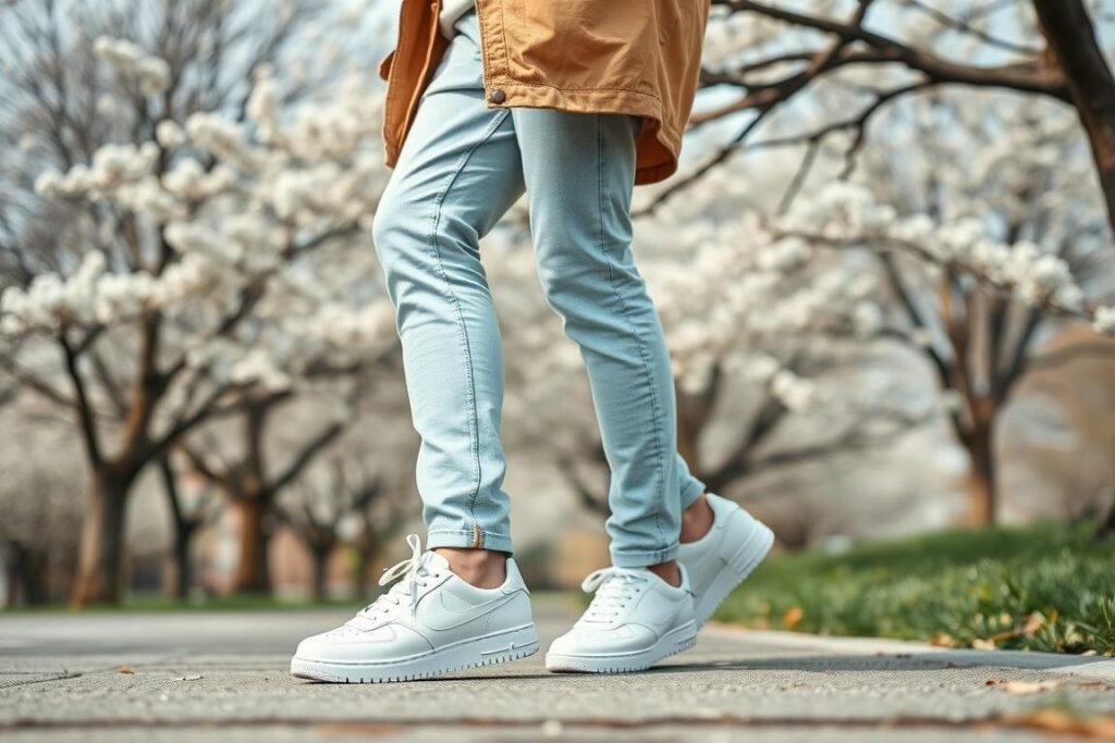 Man wearing white sneakers with spring outfit