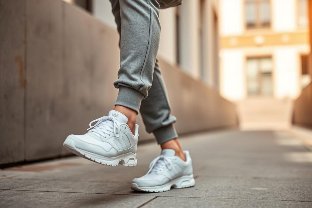 Man wearing white sneakers with stylish joggers and sweatshirt