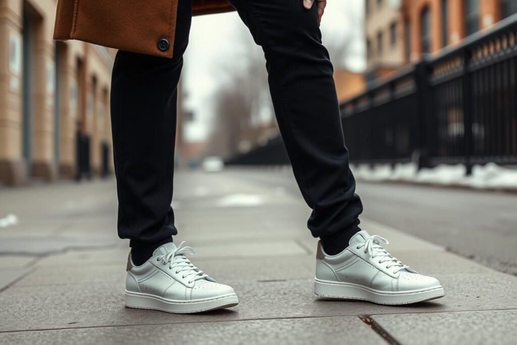 Man wearing white sneakers with winter outfit