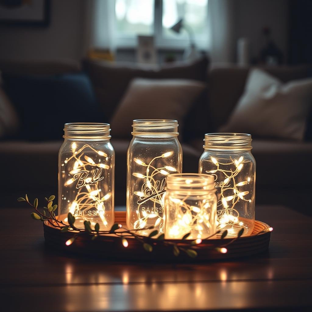 Mason jars filled with fairy lights arranged on a living room coffee table, creating a warm, magical glow