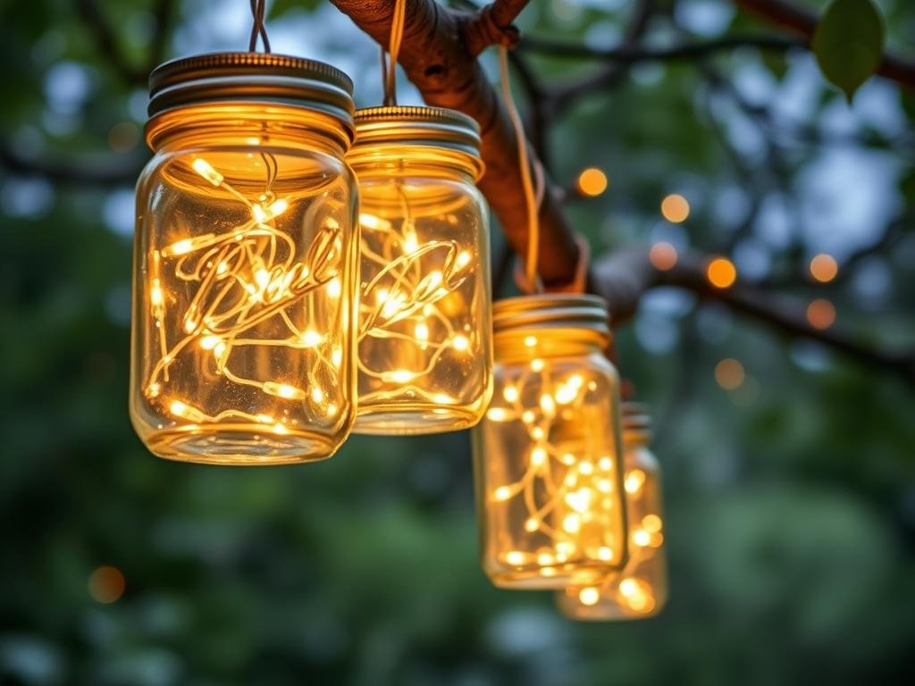 Mason jars filled with fairy lights hanging as outdoor fixtures
