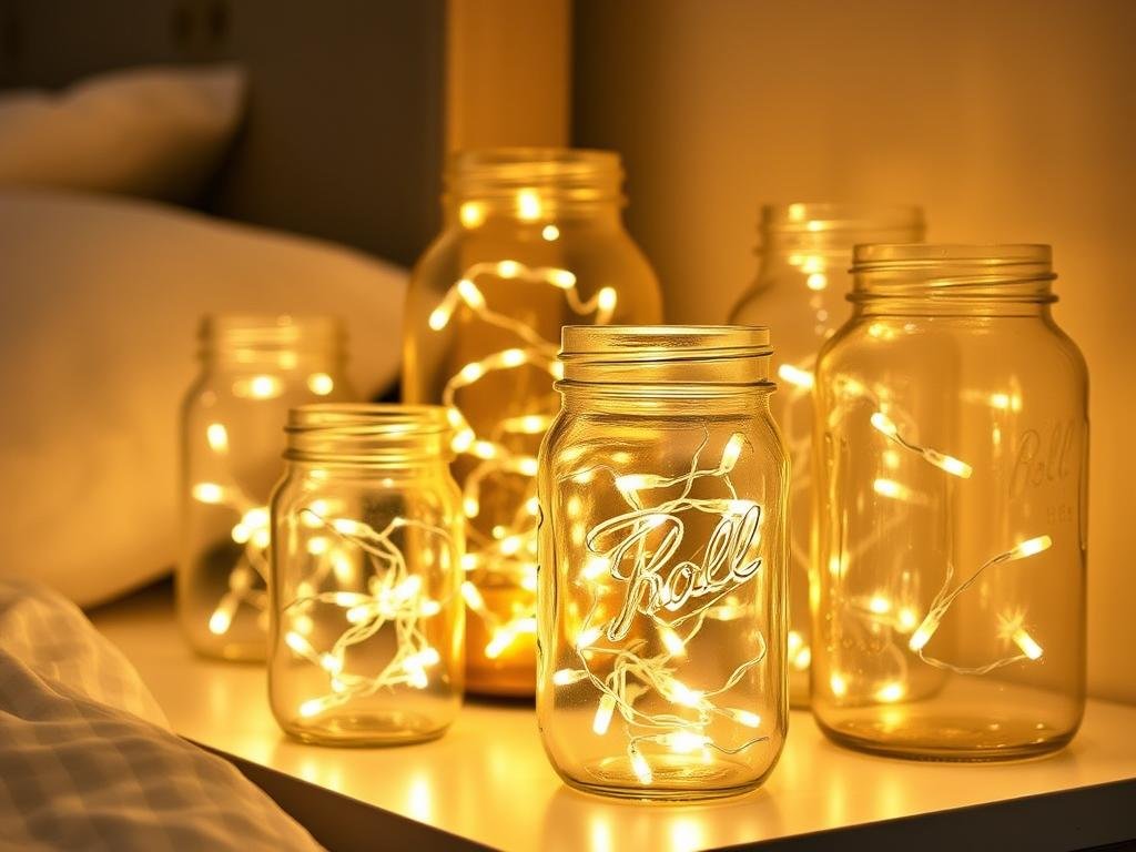 Mason jars filled with fairy string lights as bedroom decor