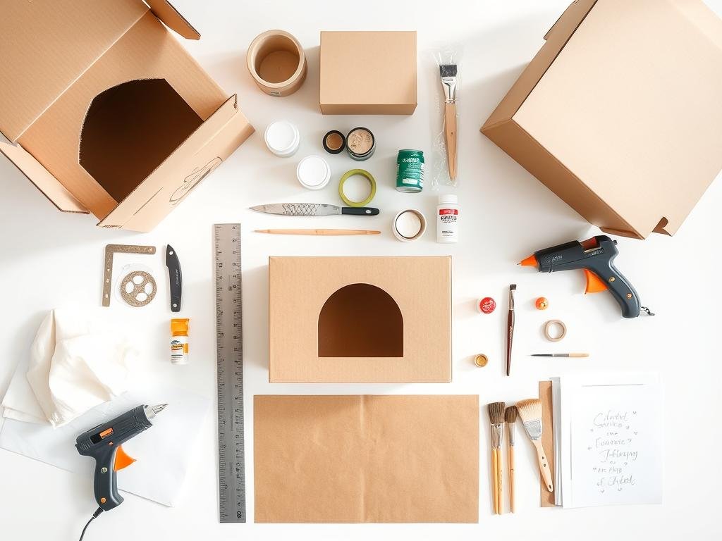 Materials laid out for making a cardboard cat house including boxes, utility knife, ruler, and decorative supplies