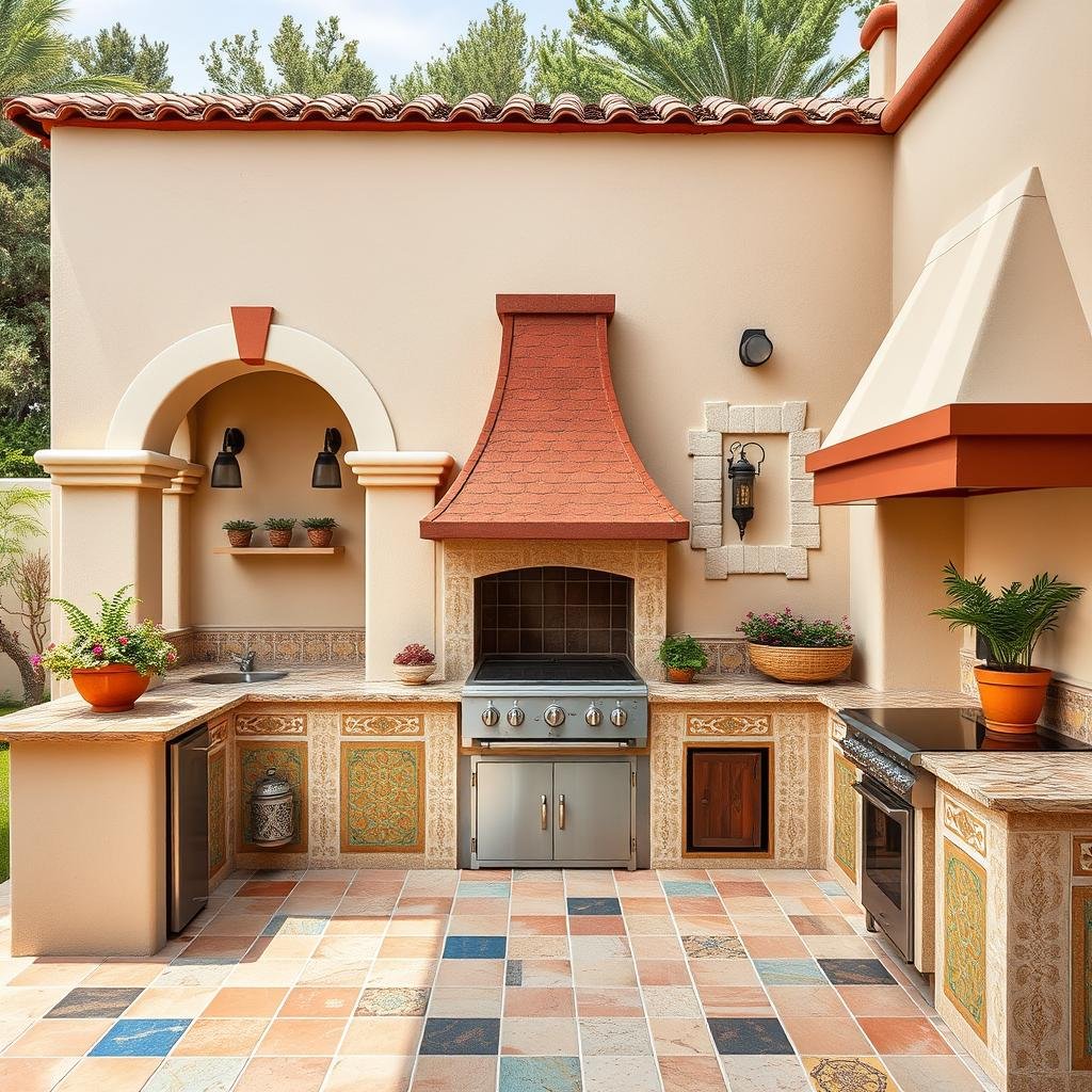 Mediterranean-inspired outdoor grill küche with colorful tiles