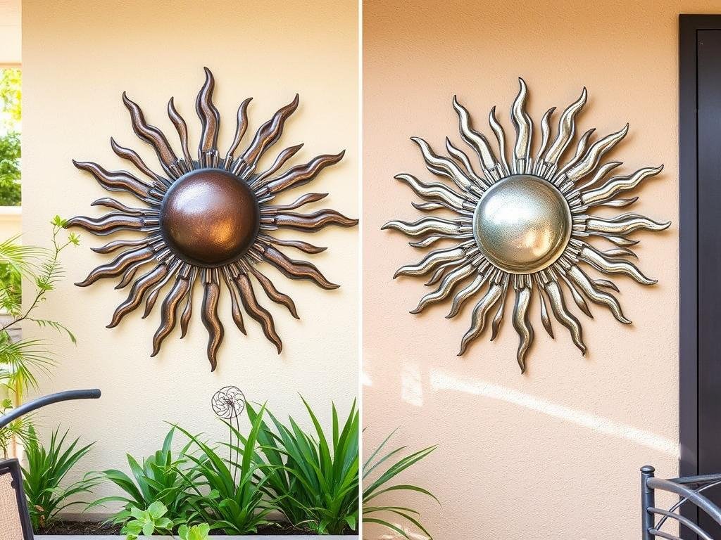 Metal sun wall art and garden sculpture on a patio wall
