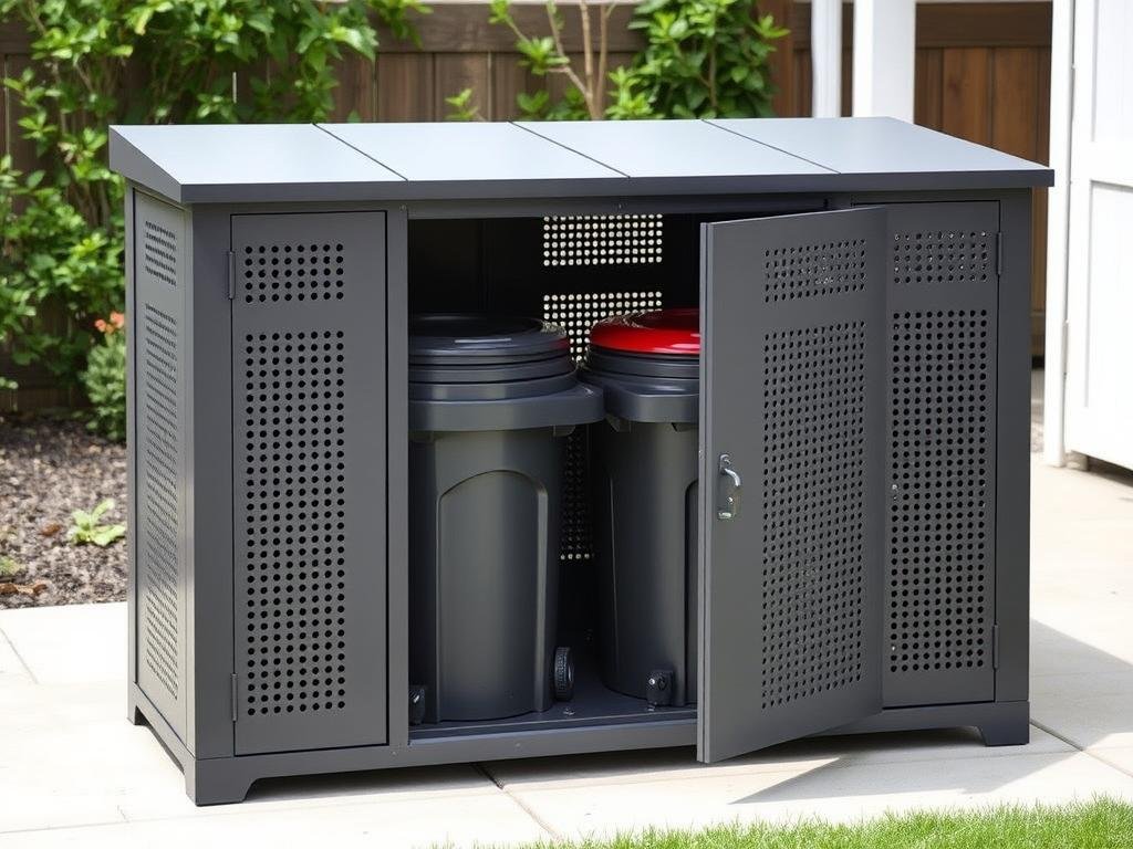 Metal trash can storage outdoor unit with perforated design for ventilation