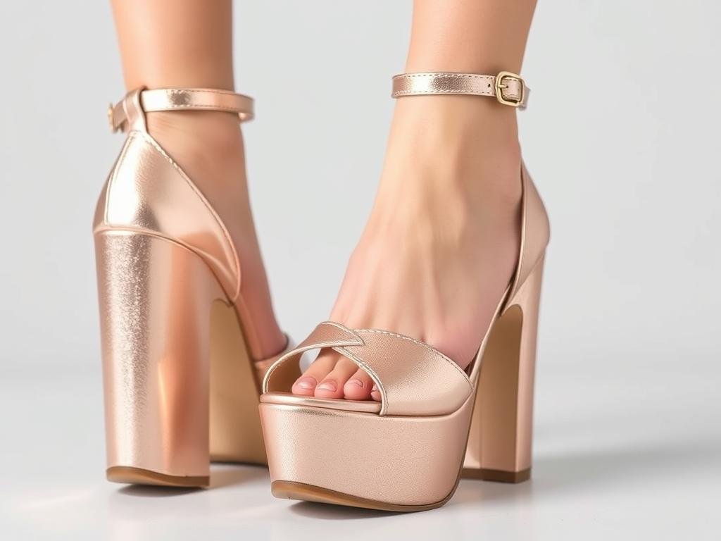 Metallic platform prom shoes in rose gold with ankle straps