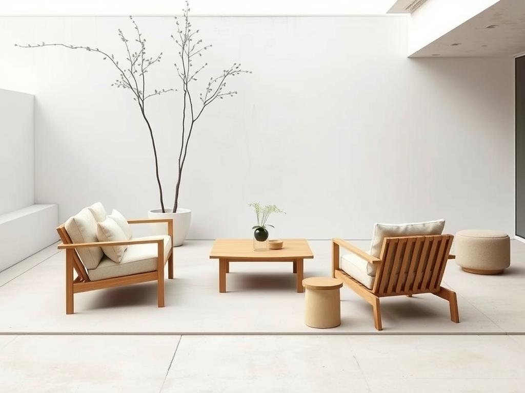 Minimalist outdoor patio furniture with clean lines and neutral colors in a zen garden setting