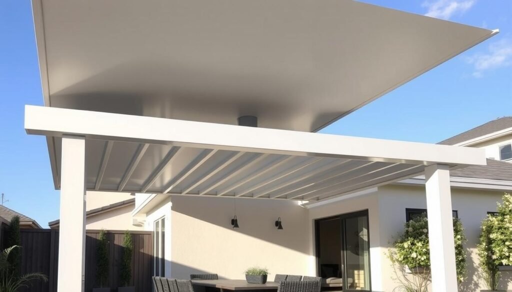 Modern aluminum pergola with adjustable louvers providing shade over an outdoor dining area