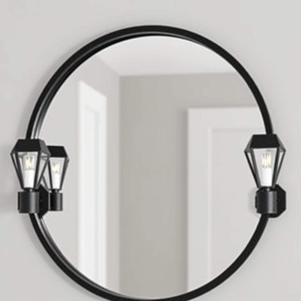 Modern bathroom with coordinated black-framed mirror and matte black sconces