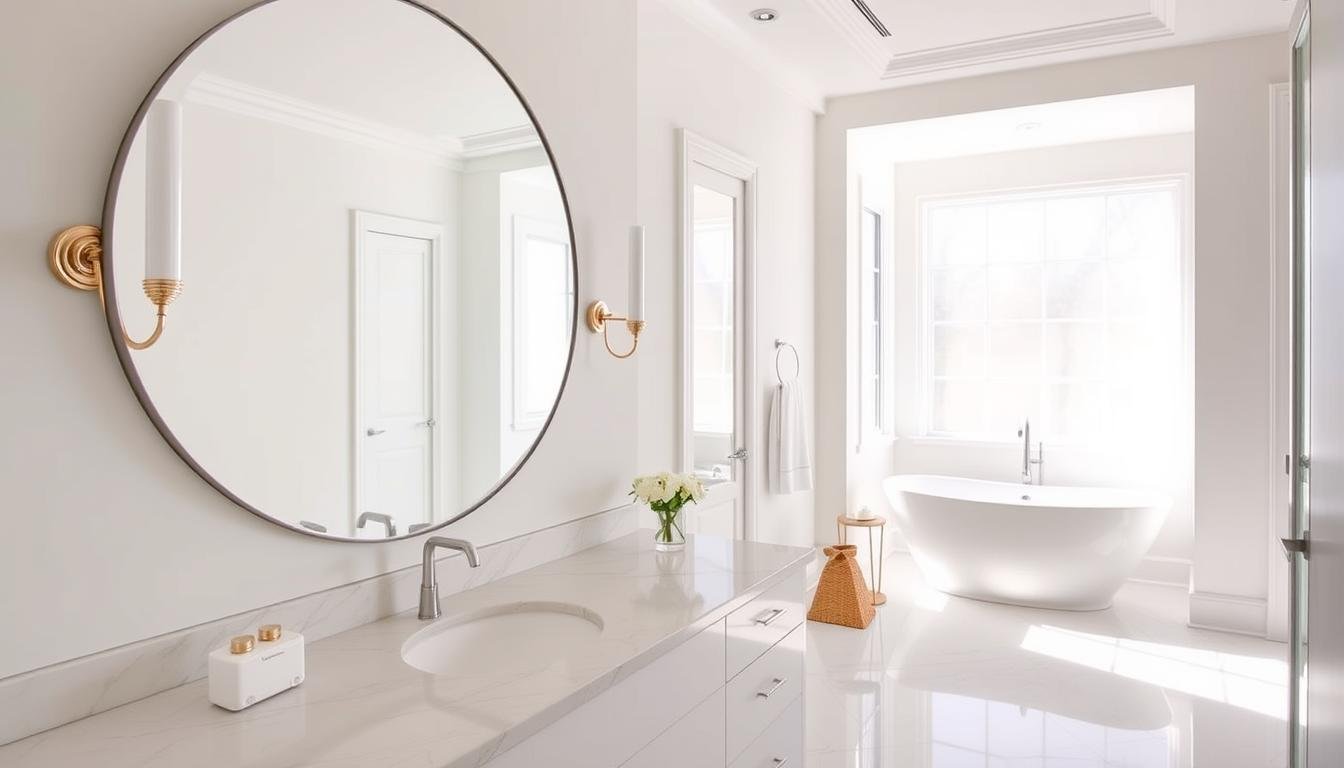 Modern bathroom with stylish mirror and elegant lighting fixtures
