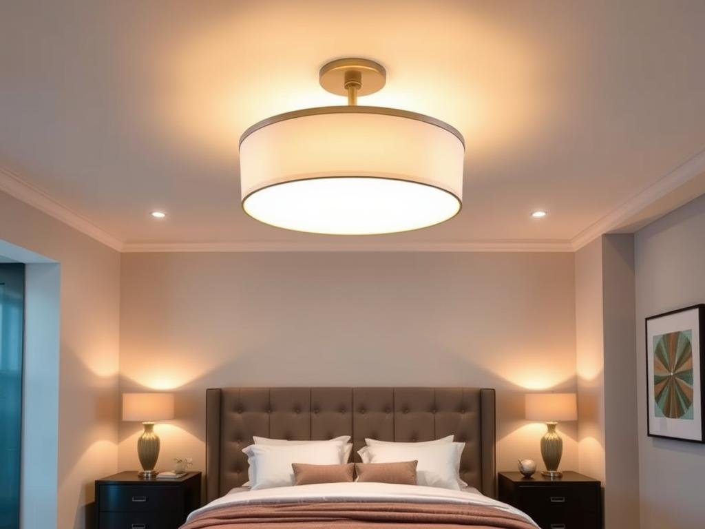 Modern bedroom ceiling light fixture providing ambient lighting above a stylish bed