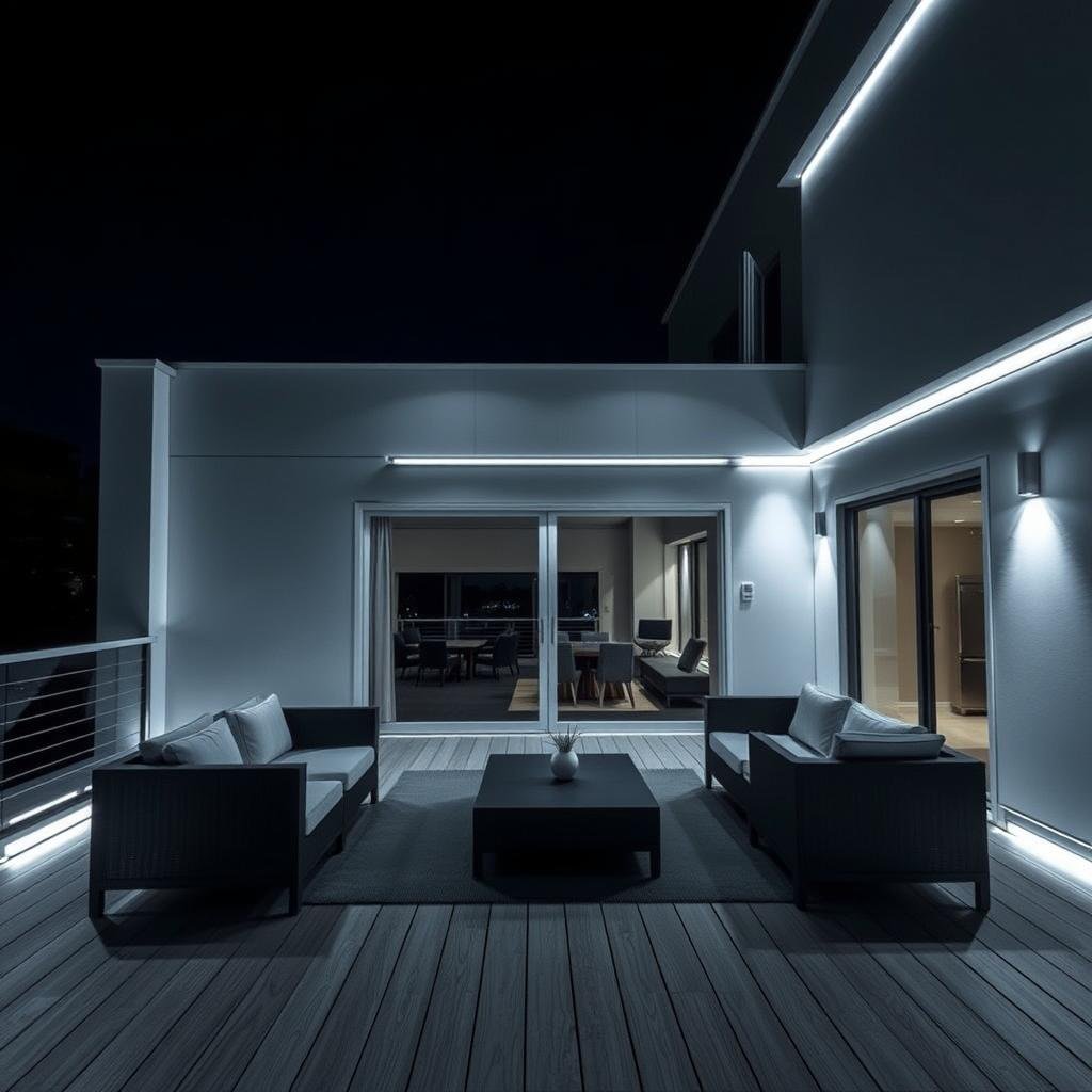 Modern deck with minimalist recessed lighting and clean lines Modern deck with minimalist recessed lighting and clean lines