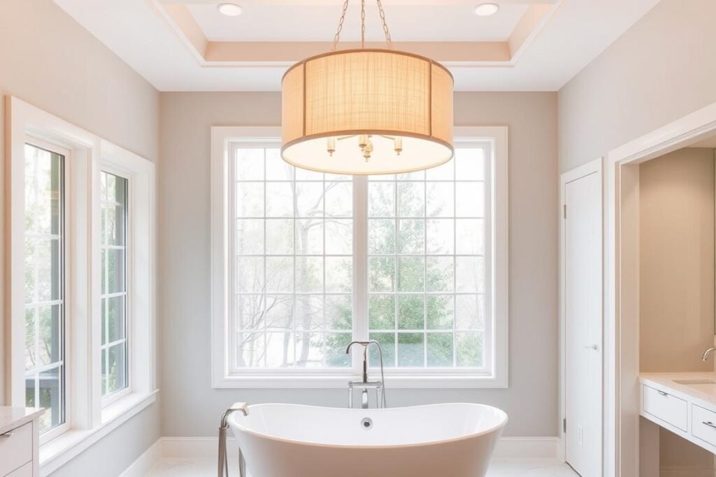 Modern drum chandelier over freestanding bathtub