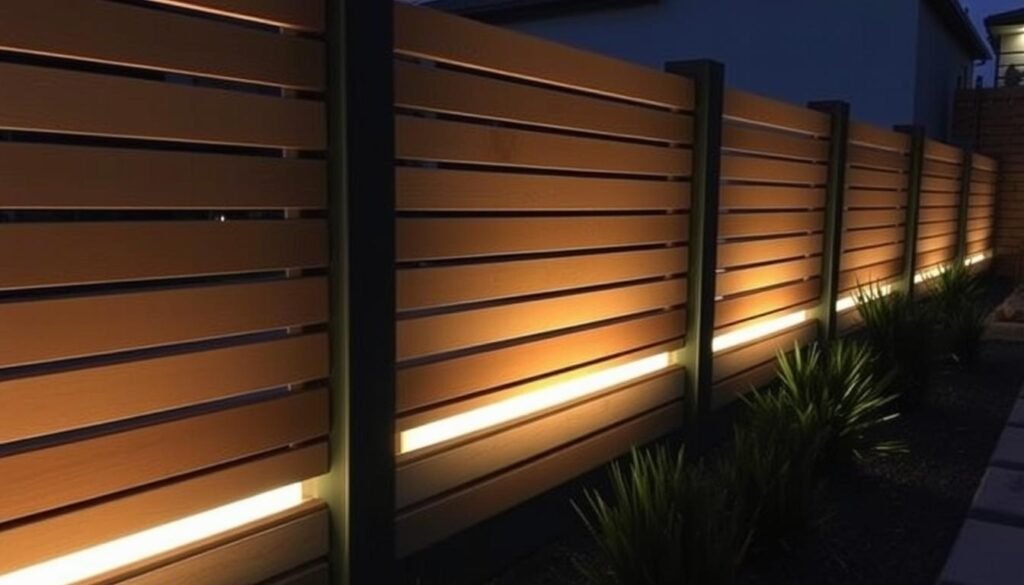 Modern fence with integrated LED lighting creating a sophisticated nighttime ambiance