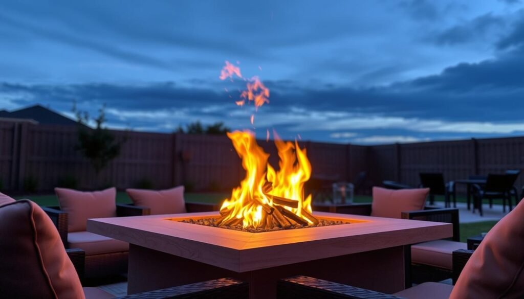 Modern fire pit surrounded by comfortable seating creating a cozy gathering space in a backyard