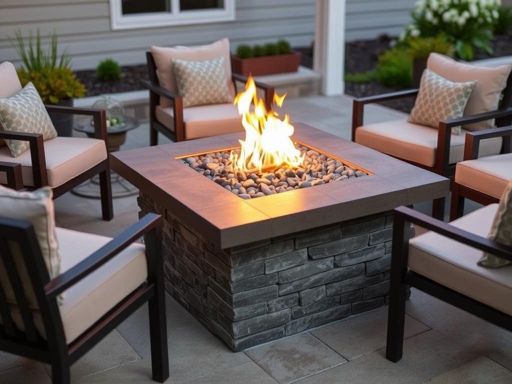 Modern fire pit with seating arranged around it on a patio
