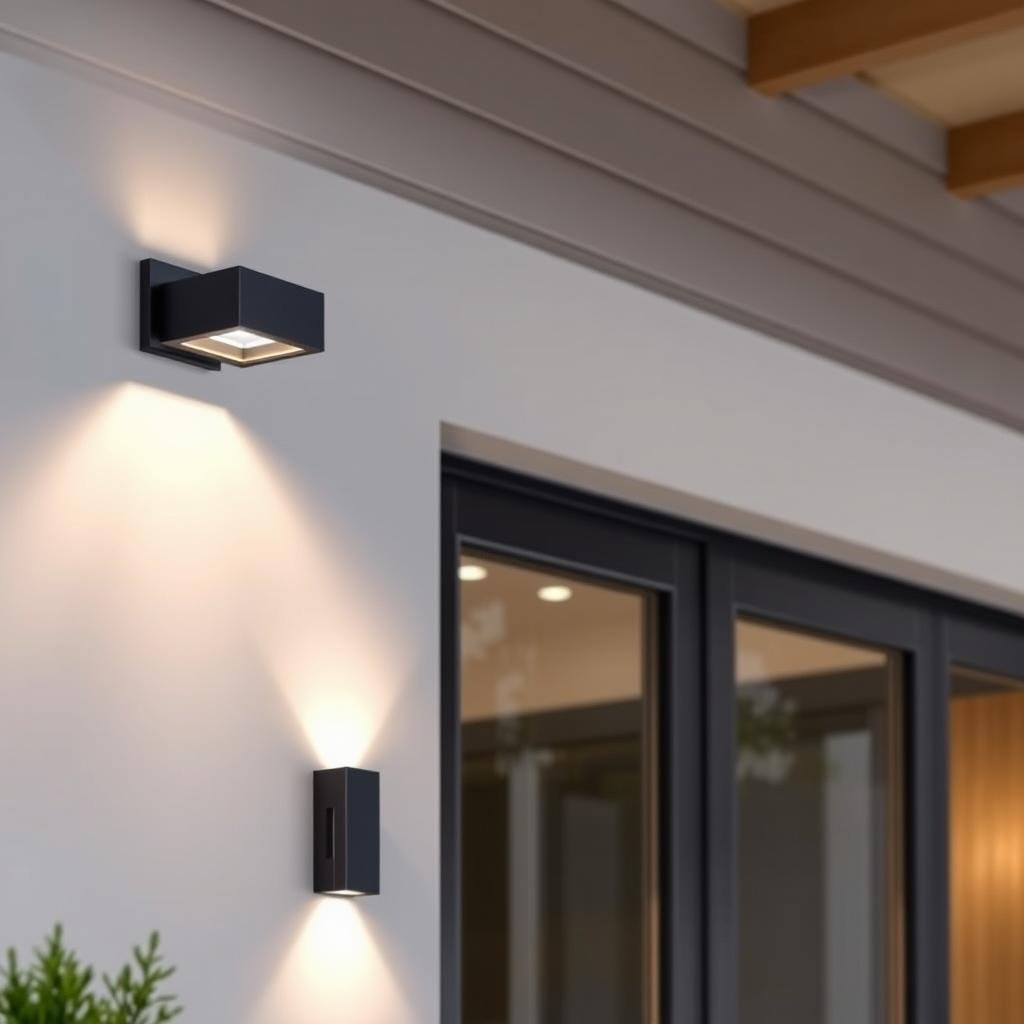 Modern front porch lighting with clean lines and minimalist design