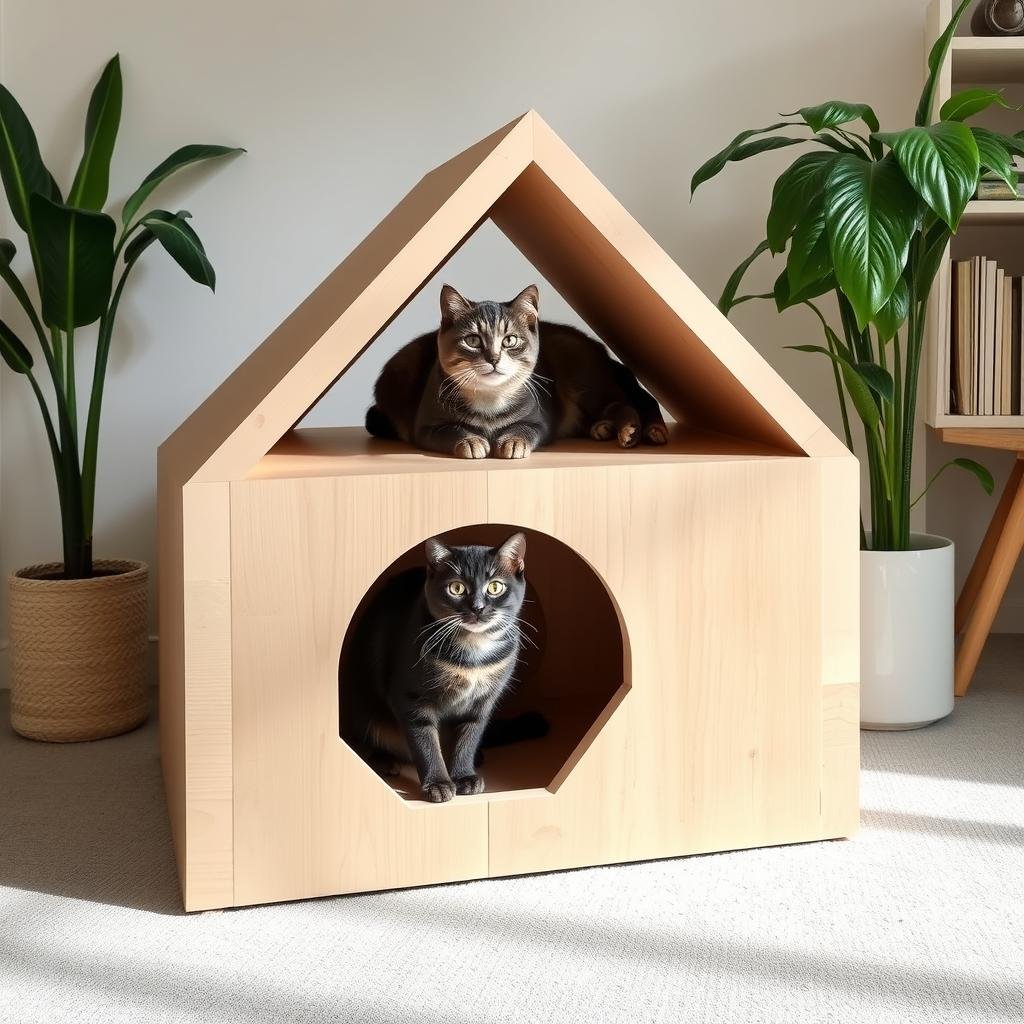 Modern geometric cat house made from plywood with clean lines