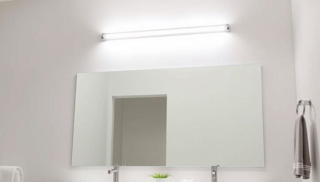 Modern linear vanity light above bathroom mirror