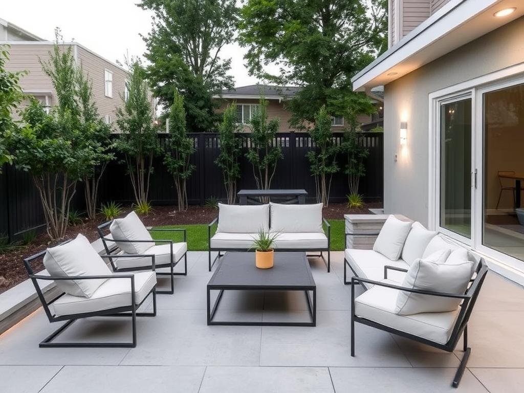 Modern minimalist backyard patio with clean lines, neutral colors, and sleek furniture