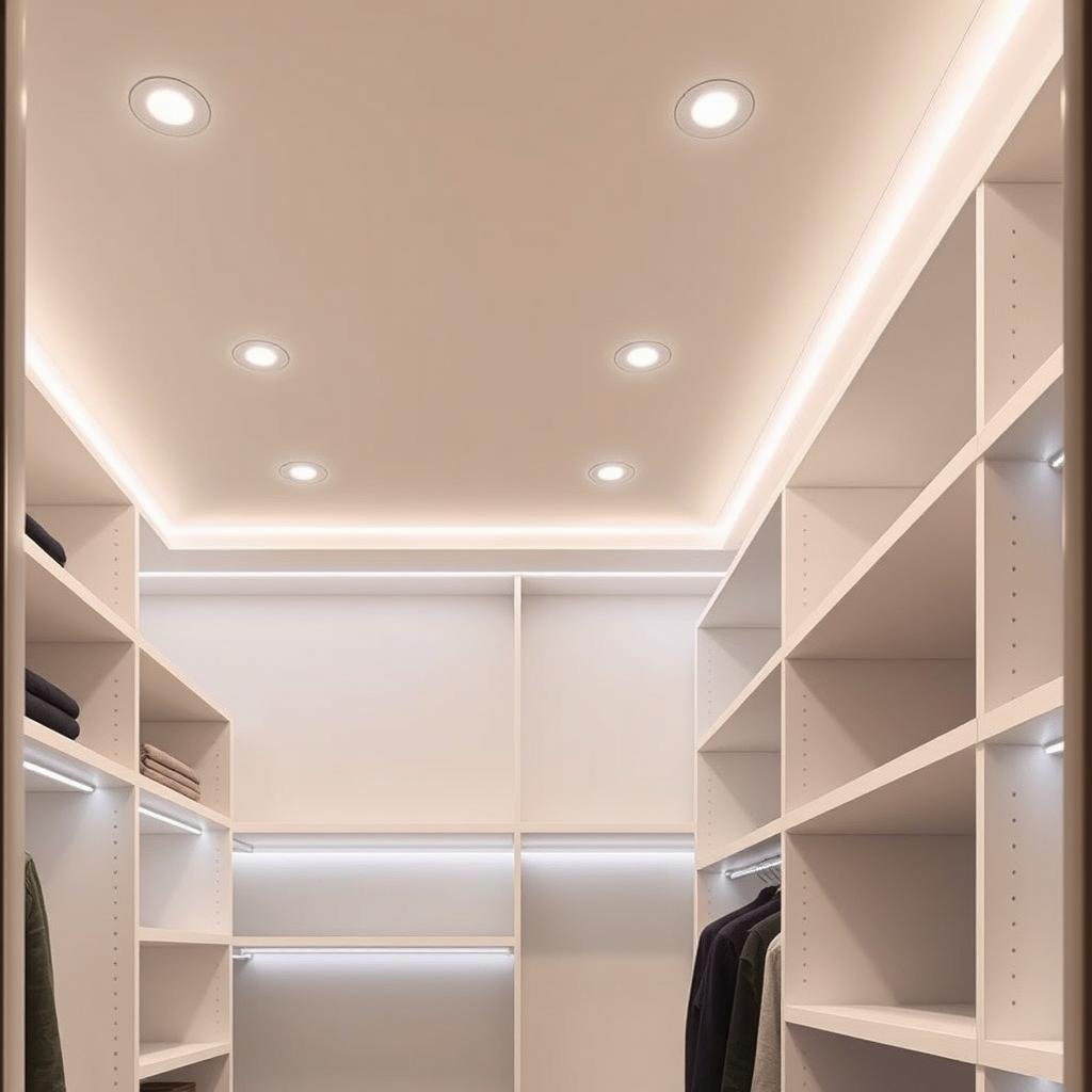 Modern minimalist closet with recessed lighting and LED strip accents