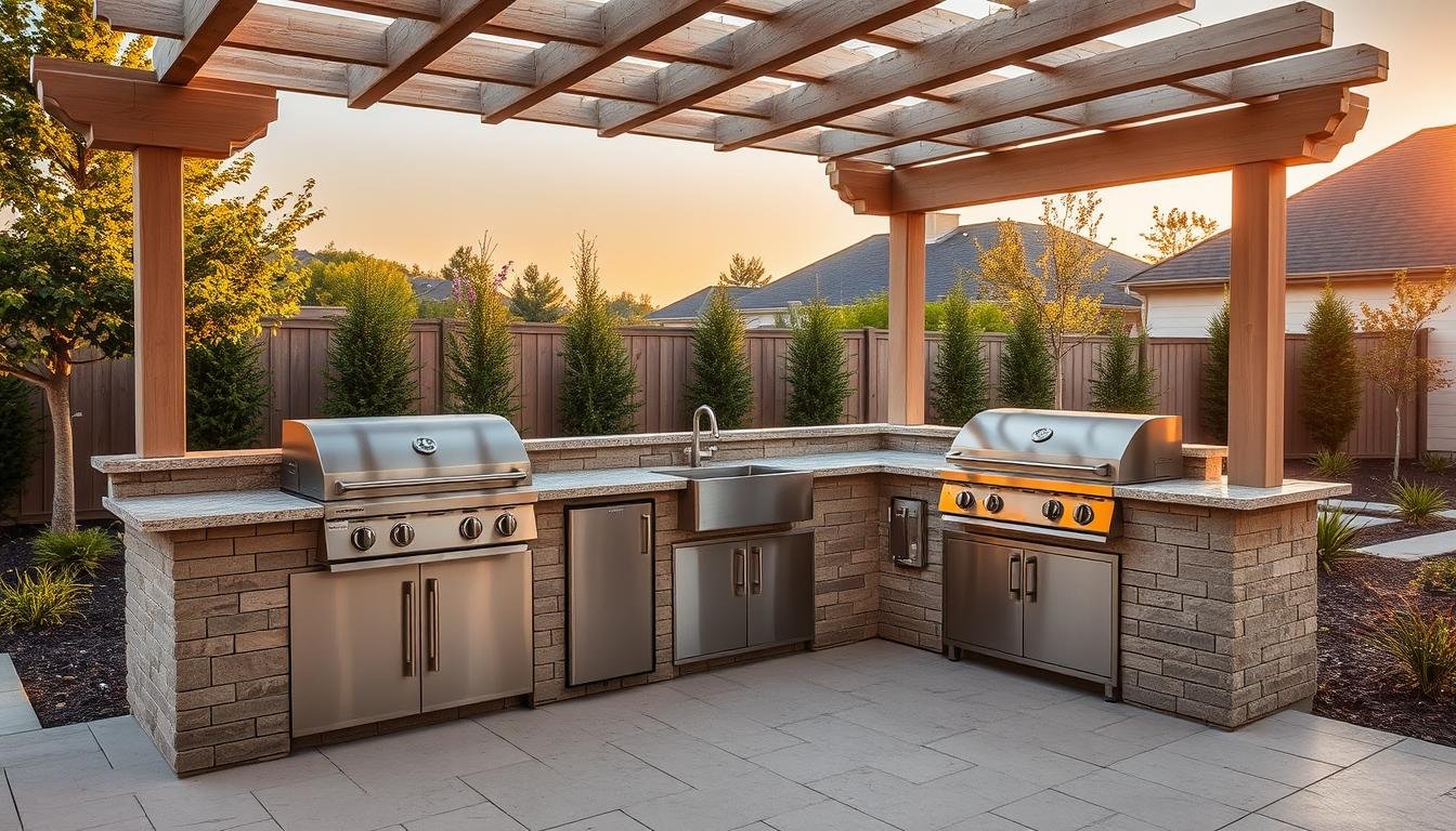 Modern outdoor grill küche with stainless steel appliances and stone countertops