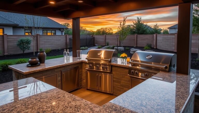 Modern outdoor grill station with stone countertops and stainless steel appliances