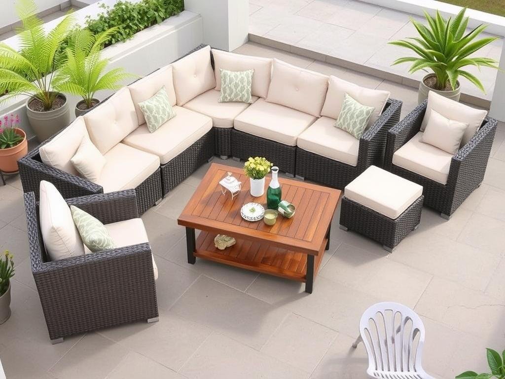 Modern outdoor patio furniture set with weather-resistant wicker sofa and coffee table