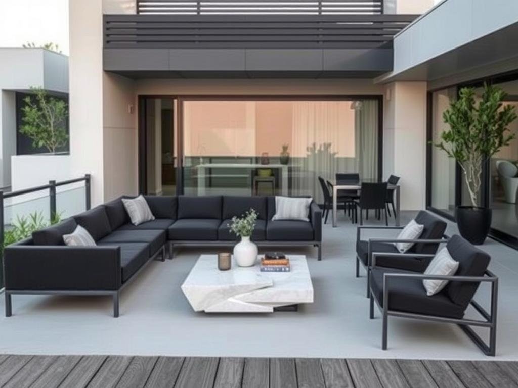 Modern outdoor patio furniture with clean lines and minimal design on a contemporary deck