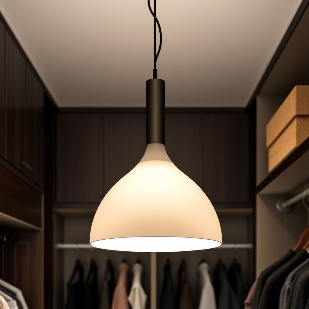 Modern pendant light hanging in center of contemporary closet space