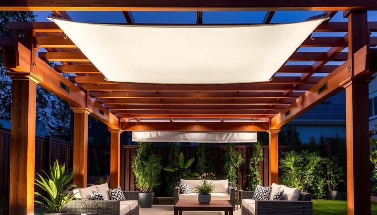 Modern pergola with retractable canopy providing shade over an outdoor patio with comfortable seating