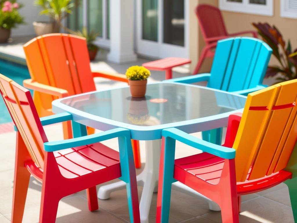 Modern plastic outdoor furniture set in bright colors on a patio