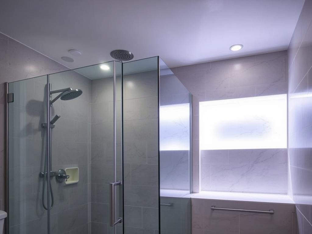 Modern shower with recessed lighting and illuminated niche